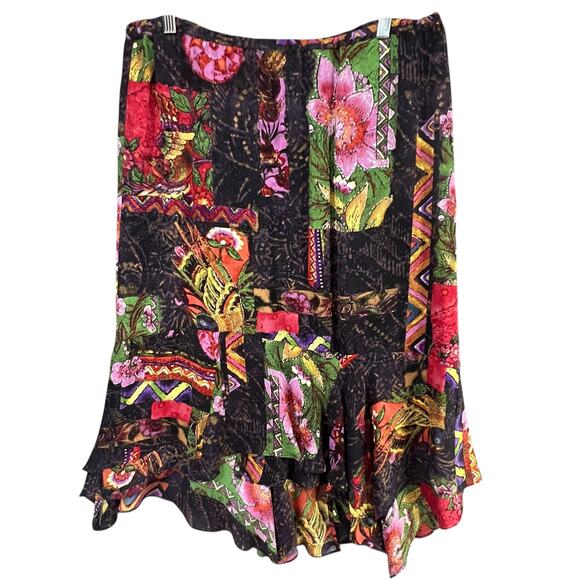 Chicos Silk Skirt Size Large Black Floral Patchwork Pull On Asymmetric Boho Chic - Picture 1 of 10